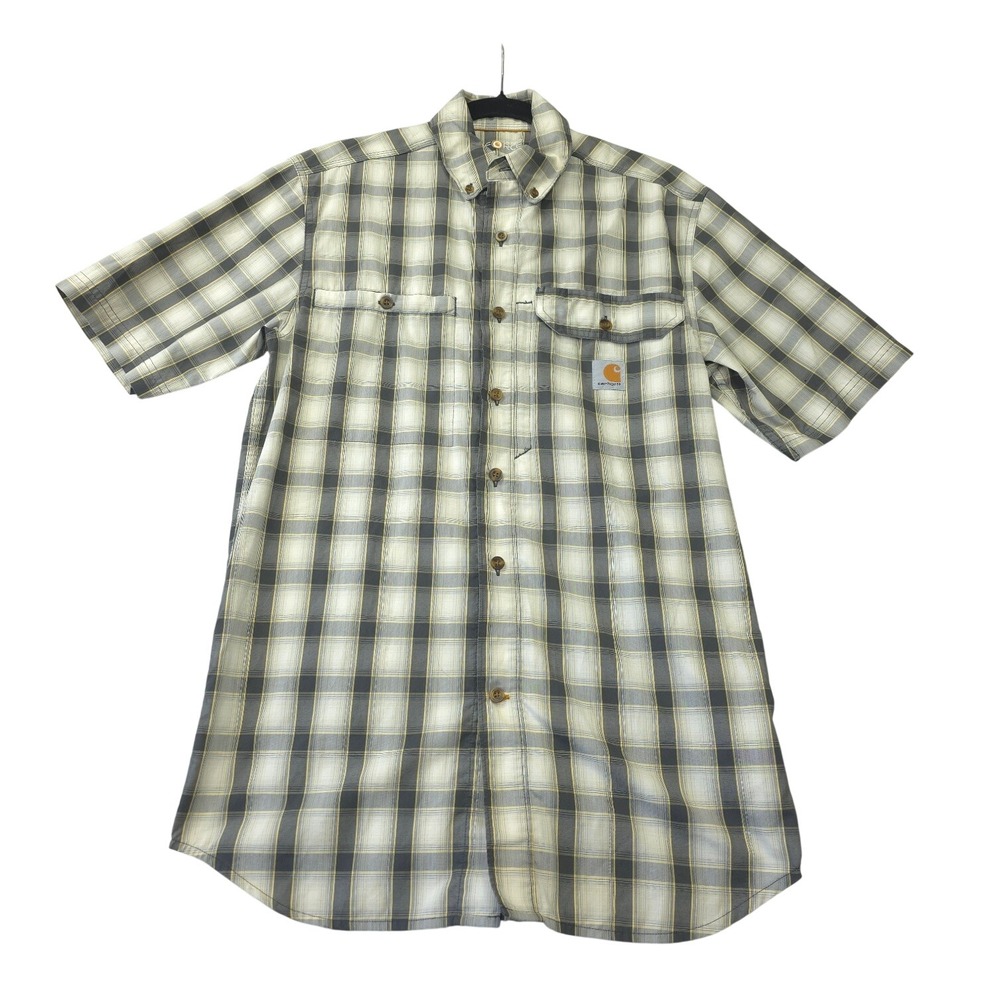 Carhartt Force Mens Small Relaxed Fit Plaid Short Sleeve Work Shirt Gray Yellow